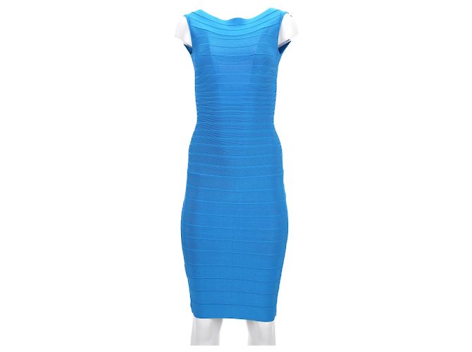 Abito midi a scollo ampio in bandage Herve Leger in rayon blu Blu chiaro - vista 6