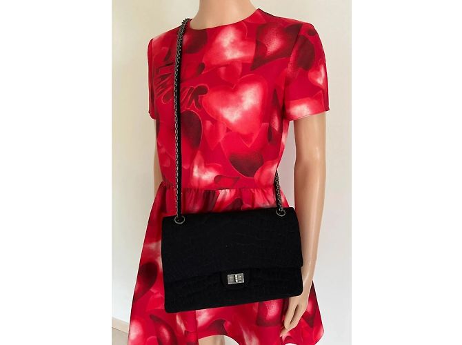 Chanel 2.55 Tasche aus gestepptem Jersey mit Reptil-Effekt Schwarz - Ansicht 3