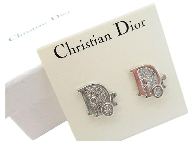 Orecchini a cerchio in argento con logo Christian Dior in strass - vista 2