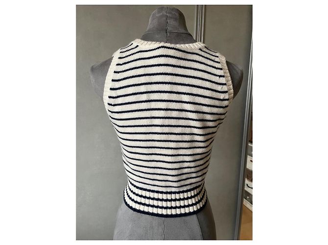 Chanel Gestreiftes Cashmere Crop Top Creme Navy Blau Roh Marineblau - Ansicht 3