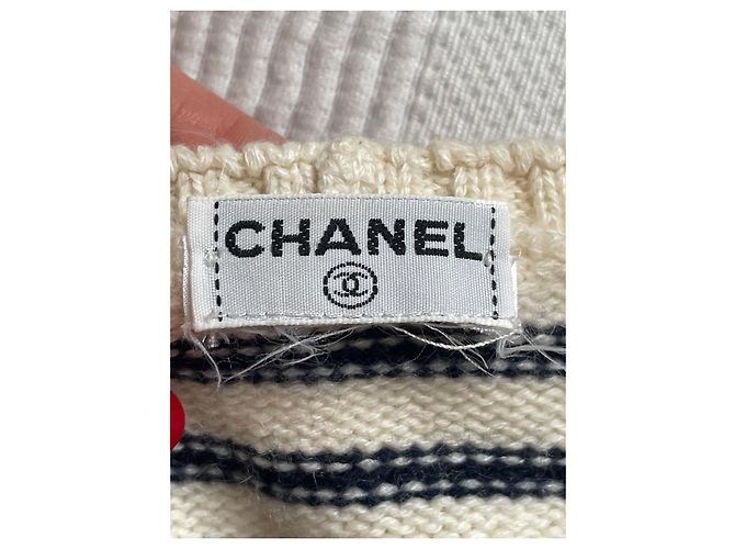 Chanel Gestreiftes Cashmere Crop Top Creme Navy Blau Roh Marineblau - Ansicht 6