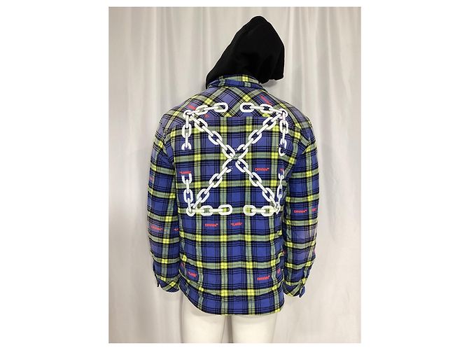 Off White Giacca camicia a quadri con logo freccia Off-White in cotone blu e giallo - vista 10
