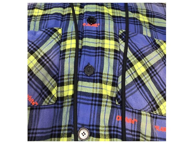 Off White Giacca camicia a quadri con logo freccia Off-White in cotone blu e giallo - vista 2