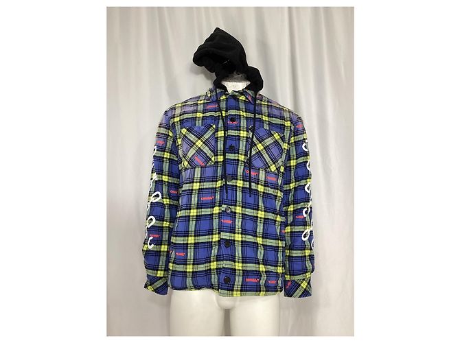 Off White Giacca camicia a quadri con logo freccia Off-White in cotone blu e giallo - vista 7
