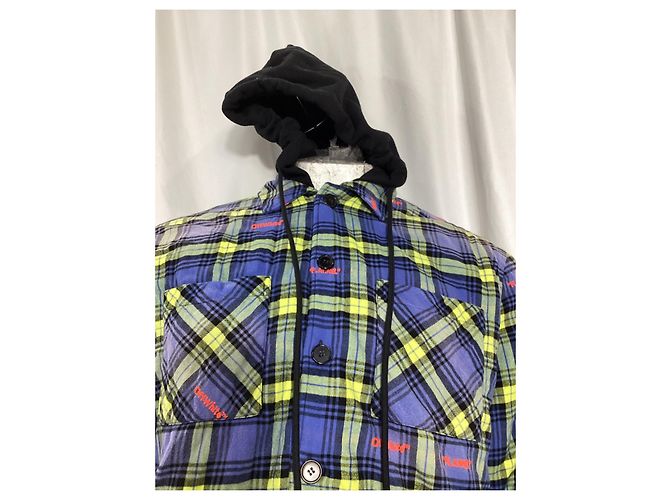 Off White Giacca camicia a quadri con logo freccia Off-White in cotone blu e giallo - vista 8