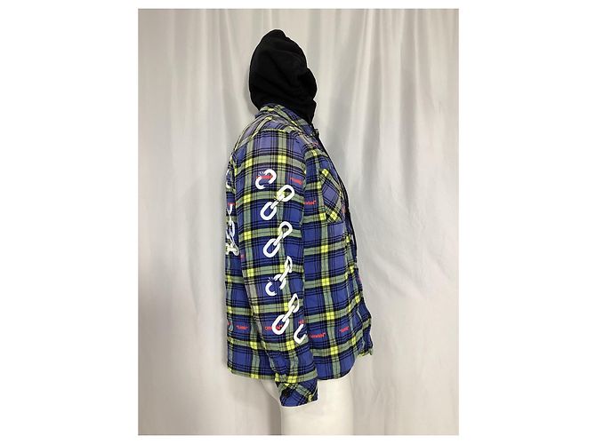 Off White Giacca camicia a quadri con logo freccia Off-White in cotone blu e giallo - vista 9
