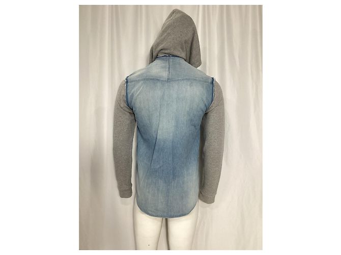 Giacca con cappuccio Balmain in denim blu e cotone grigio Blu chiaro - vista 10