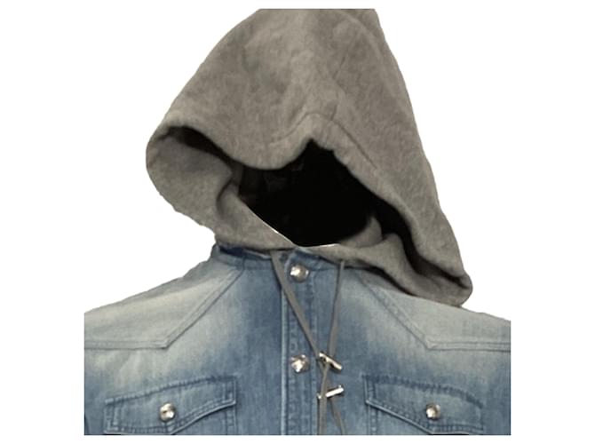 Giacca con cappuccio Balmain in denim blu e cotone grigio Blu chiaro - vista 2