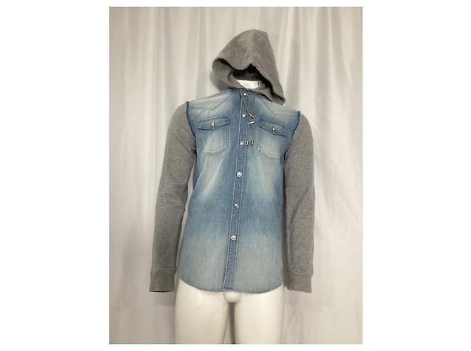 Giacca con cappuccio Balmain in denim blu e cotone grigio Blu chiaro - vista 7