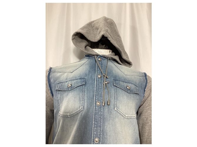 Giacca con cappuccio Balmain in denim blu e cotone grigio Blu chiaro - vista 8