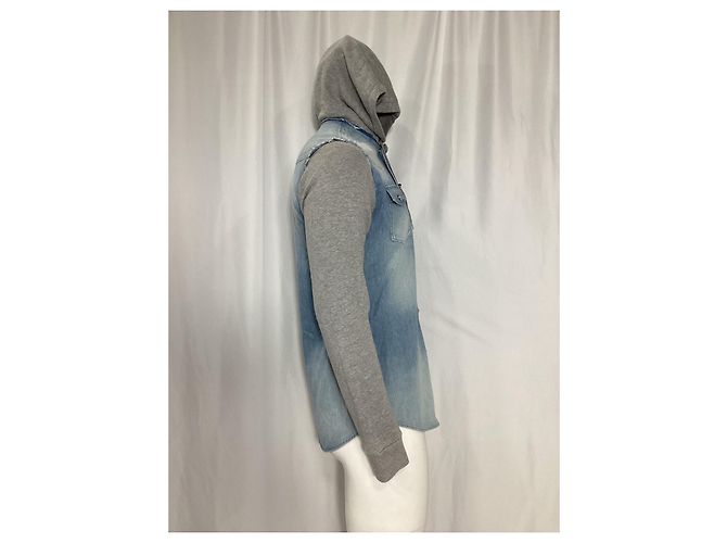 Giacca con cappuccio Balmain in denim blu e cotone grigio Blu chiaro - vista 9