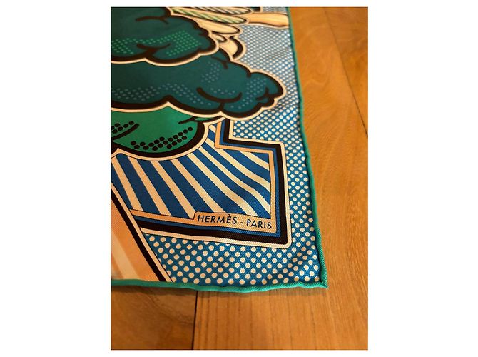 Hermès CARRÉ HERMES PEGASE POP 45 IN SETA VERDE E BLU, DISEGNO DI DIMITRI RYBALTCHENKO - vista 4