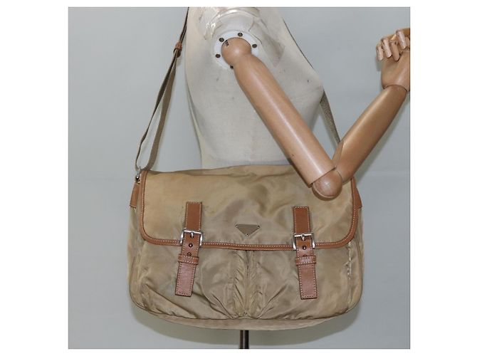 PRADA Borsa a Spalla Nylon Beige Marrone Argento Auth 112279 - vista 27