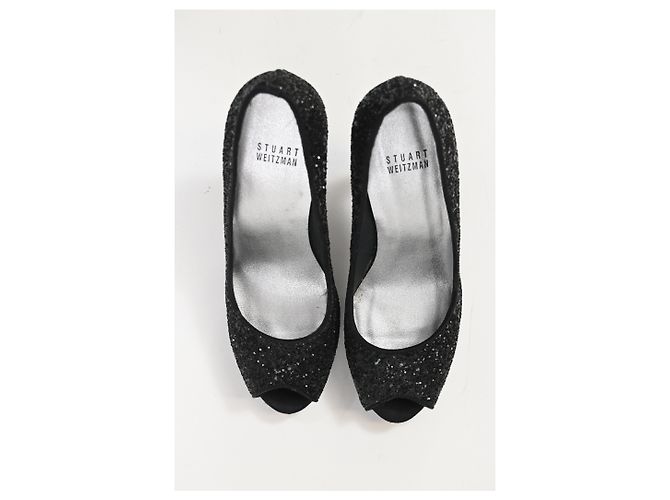Stuart Weitzman Peep-Toe Pumps in Black Glitter - view 12