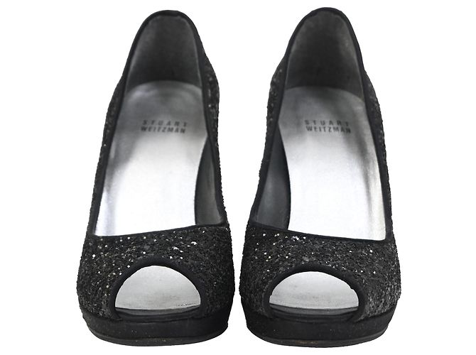 Stuart Weitzman Peep-Toe Pumps in Black Glitter - view 2