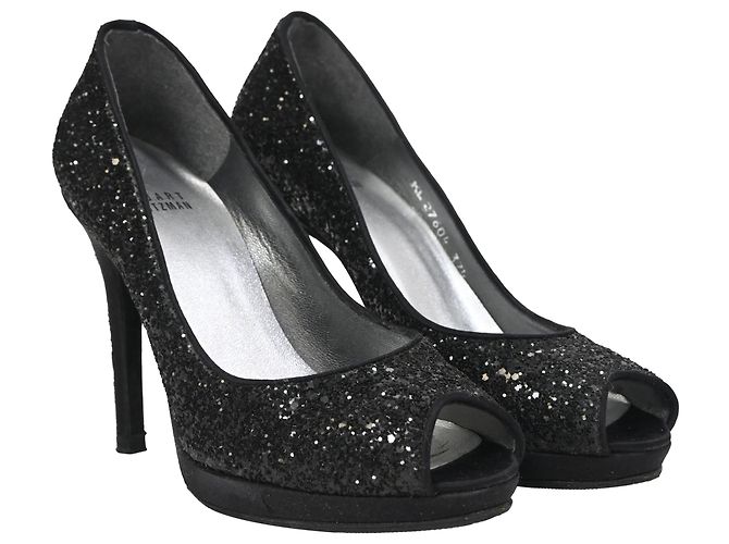 Stuart Weitzman Peep-Toe Pumps in Black Glitter - view 4