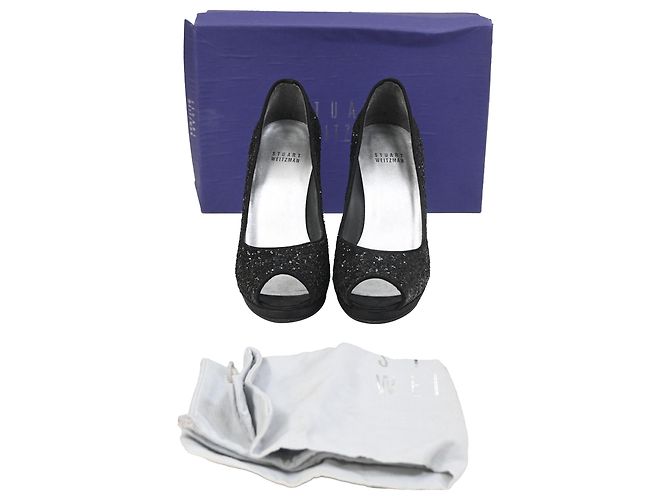 Stuart Weitzman Peep-Toe Pumps in Black Glitter - view 7