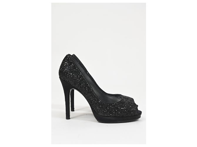 Stuart Weitzman Peep-Toe Pumps in Black Glitter - view 8
