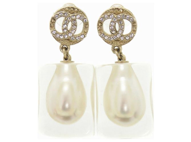 Chanel Coco Mark Faux Pearl Plastic Stone Gold Earrings White Golden - view 2