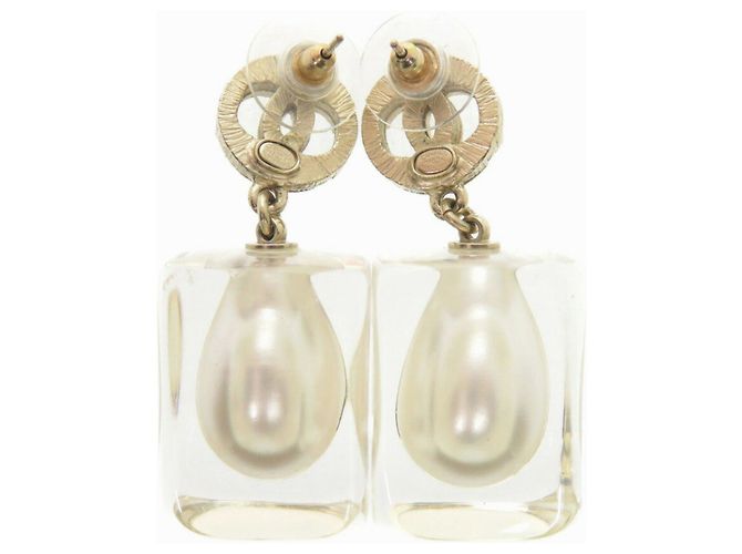 Chanel Coco Mark Faux Pearl Plastic Stone Gold Earrings White Golden - view 3