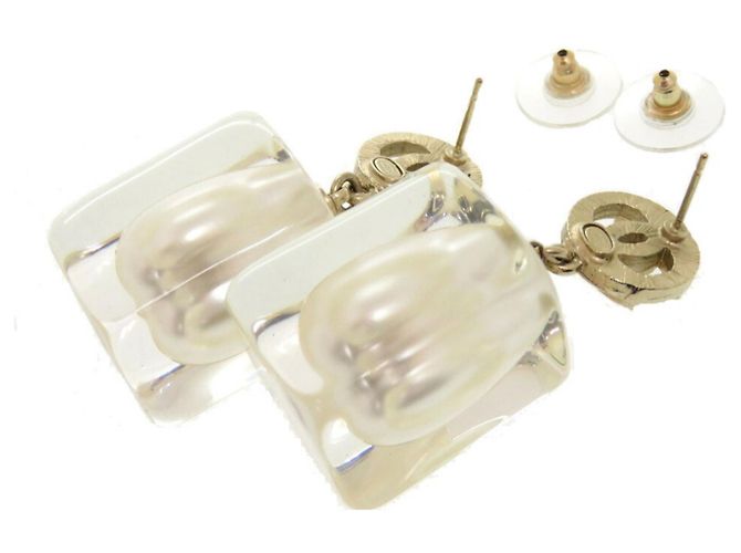 Chanel Coco Mark Faux Pearl Plastic Stone Gold Earrings White Golden - view 4