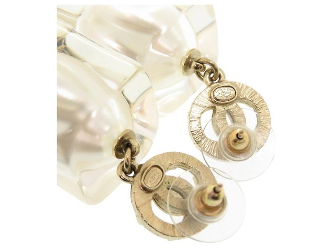 Chanel Coco Mark Faux Pearl Plastic Stone Gold Earrings White Golden - view 6