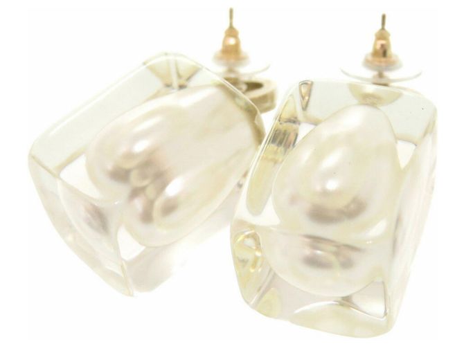 Chanel Coco Mark Faux Pearl Plastic Stone Gold Earrings White Golden - view 7