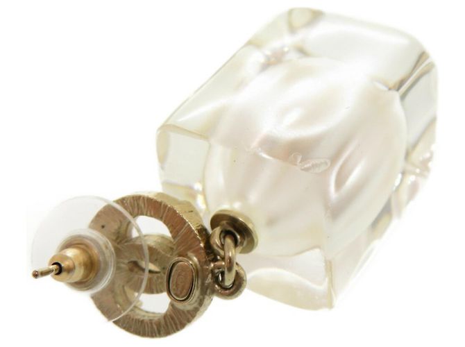Chanel Coco Mark Faux Pearl Plastic Stone Gold Earrings White Golden - view 8