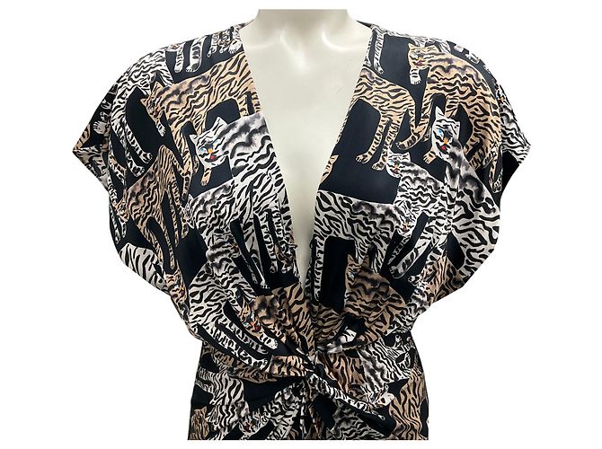 Abito maxi in seta nera con stampa tigre multicolore di Prabal Gurung Nero - vista 4