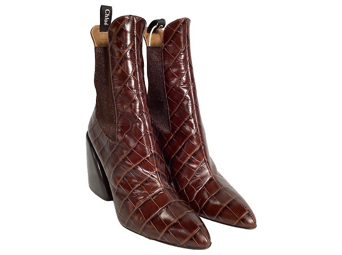 Botines de cuero marrón con estampado de cocodrilo Chloé Wave Castaño Roja - vista 3