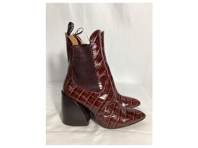Botines de cuero marrón con estampado de cocodrilo Chloé Wave Castaño Roja - vista 9