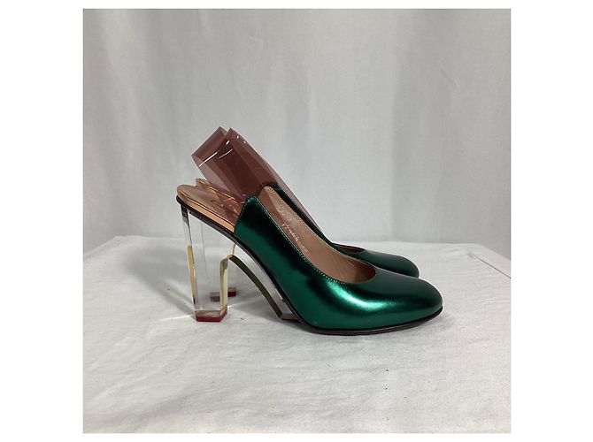 Décolleté con tacco trasparente metallico Dries Van Noten in pelle verde - vista 14