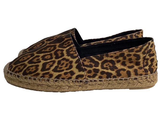 Espadrilles à semelle plate en toile marron avec imprimé léopard de Saint Laurent - vue 4