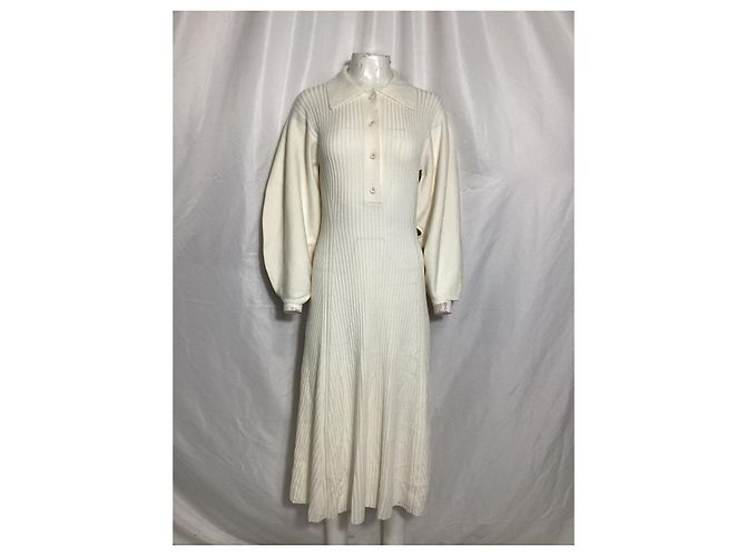 Chloé Abito midi a coste con collet Chloe in lana crema Bianco Crudo - vista 6