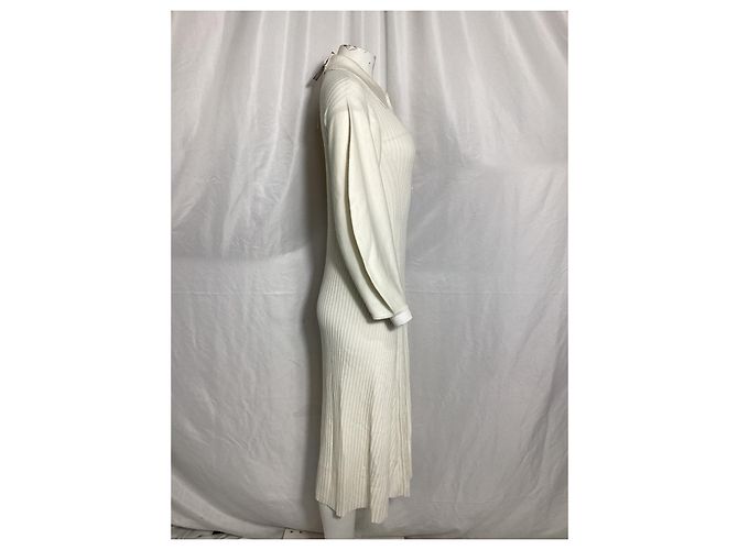 Chloé Abito midi a coste con collet Chloe in lana crema Bianco Crudo - vista 7