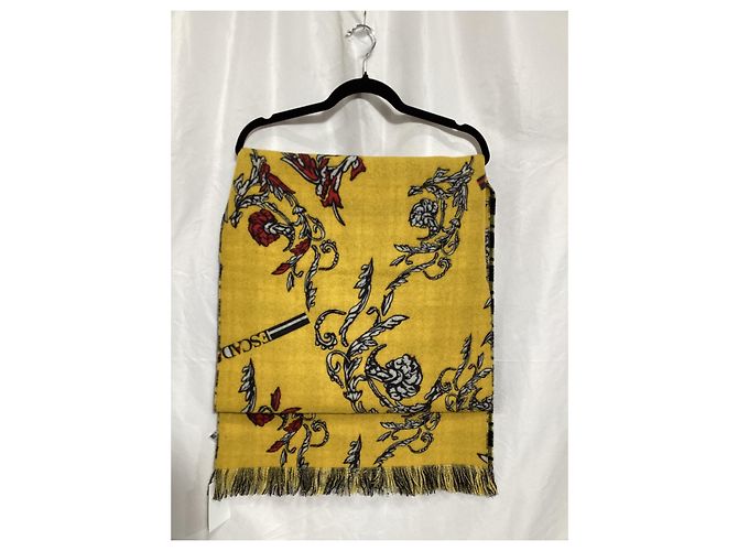 Escada Printed Fringed Scarf in Yellow Wool - view 5