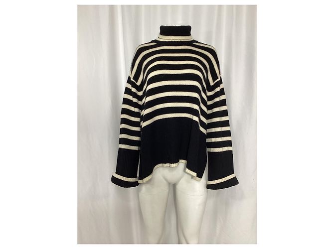 Pull col roulé à rayures Totême en laine noire - vue 7