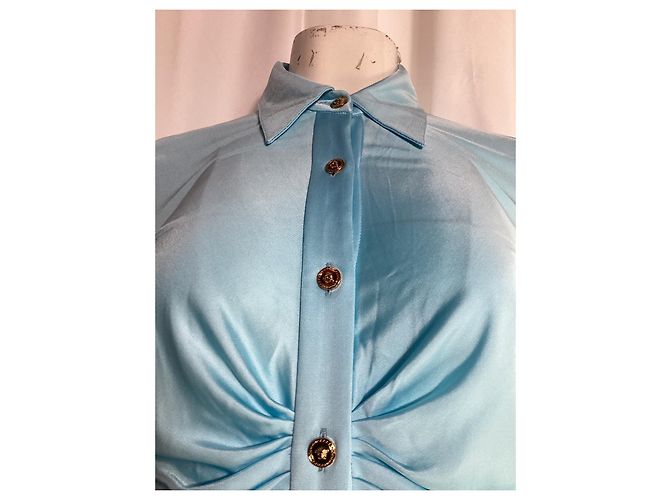 Versace geraffte Bluse mit Knöpfen aus blauer Viskose Hellblau - Ansicht 10