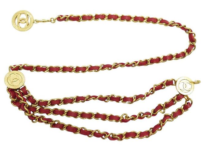 VINTAGE CHANEL GÜRTEL 1984 KETTE & VERFLOCHENES LEDER MEDAILLON T65-78 Golden - Ansicht 3