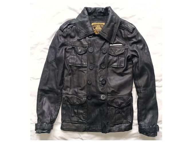 Superdry Fine Tailoring Superior Thread Count Double Breasted Black Leather Retro Jacket, size Small - view 3