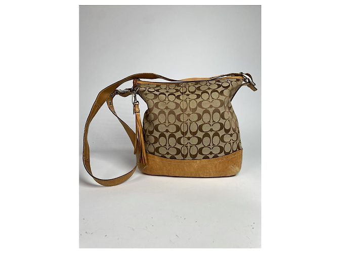 Borsa a mano in cotone beige Sufflette Signature di Coach - vista 4