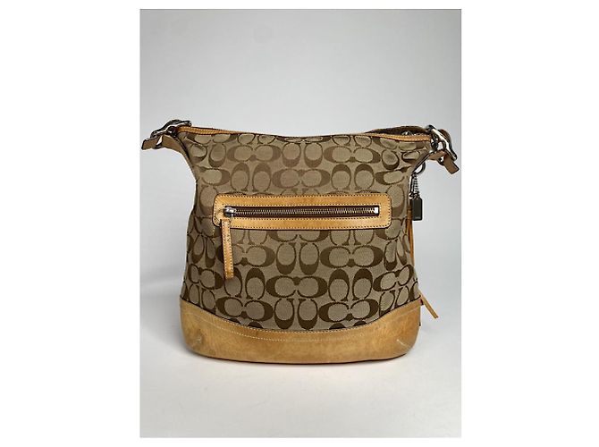 Borsa a mano in cotone beige Sufflette Signature di Coach - vista 5
