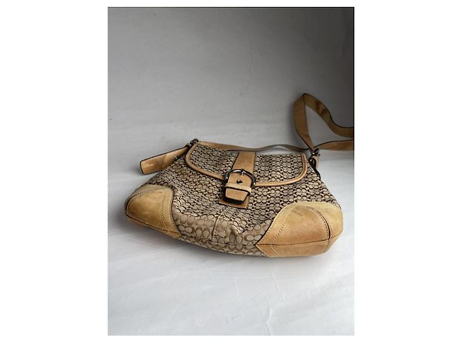 Borsa a mano in cotone beige Coach Signature Sufflette - vista 3