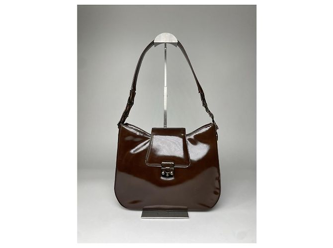 Borsa a mano in pelle verniciata marrone Versace - vista 5