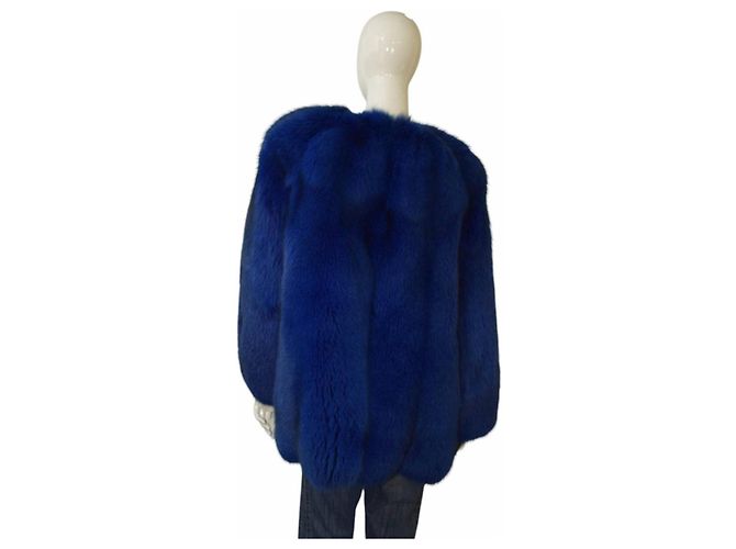 Autre Marque Veste manteau sans col en fourrure bleu électrique Sam Rone Paris taille M - vue 2