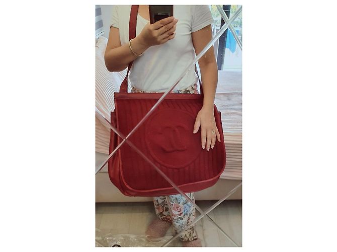 Chanel XL Tasche dunkelrot Baumwolle und Leder Bordeaux - Ansicht 6