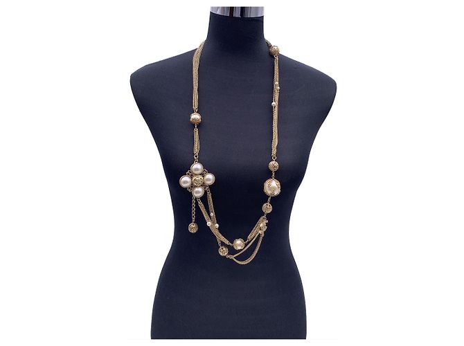Timeless Chanel 06 Seltene Künstliche Perlen Gold Metall Multi-Ketten Halskette oder Gürtel Golden - Ansicht 3