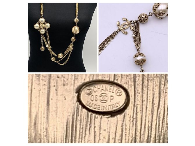 Timeless Chanel 06 Seltene Künstliche Perlen Gold Metall Multi-Ketten Halskette oder Gürtel Golden - Ansicht 5