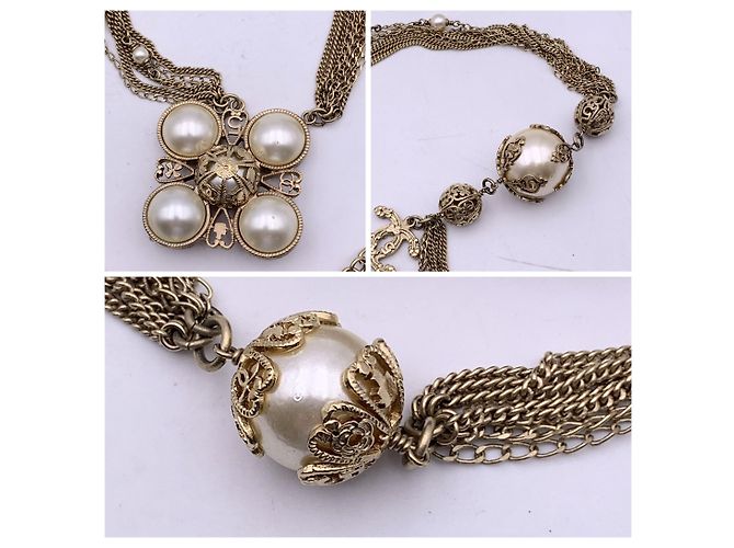 Timeless Chanel 06 Seltene Künstliche Perlen Gold Metall Multi-Ketten Halskette oder Gürtel Golden - Ansicht 6