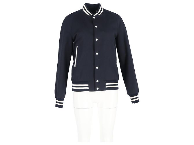 Sandro Paris Striped Varsity Jacket in Navy Blue Polyester - view 4